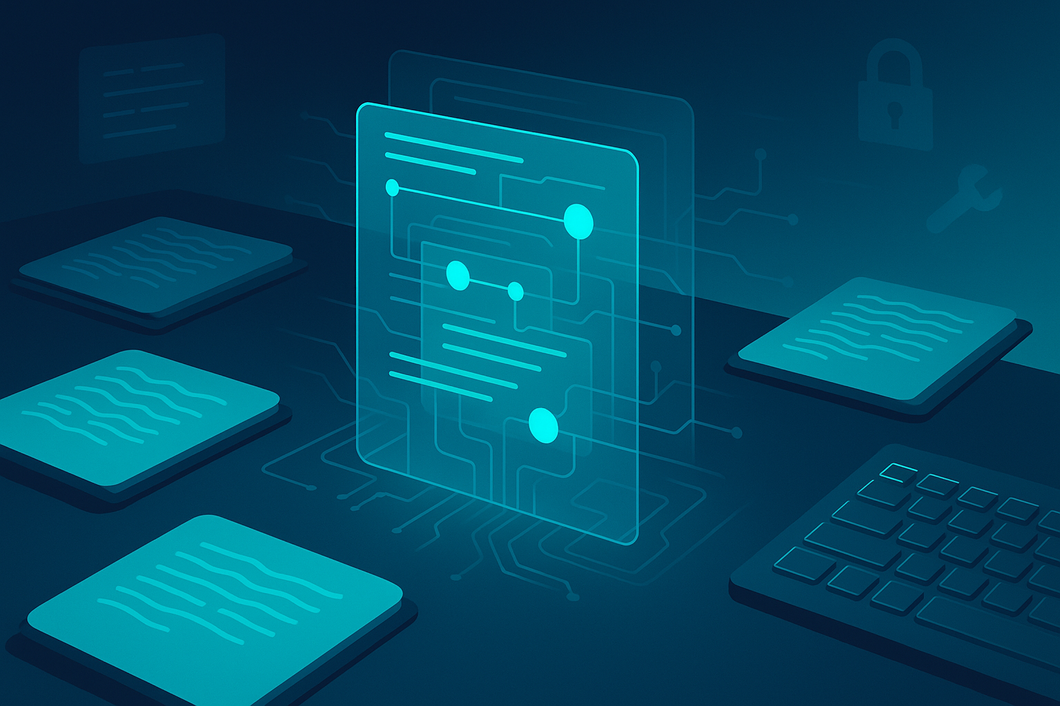 Flat illustration of a neon-lit workspace with holographic data streams, digital notebooks, and tech icons.