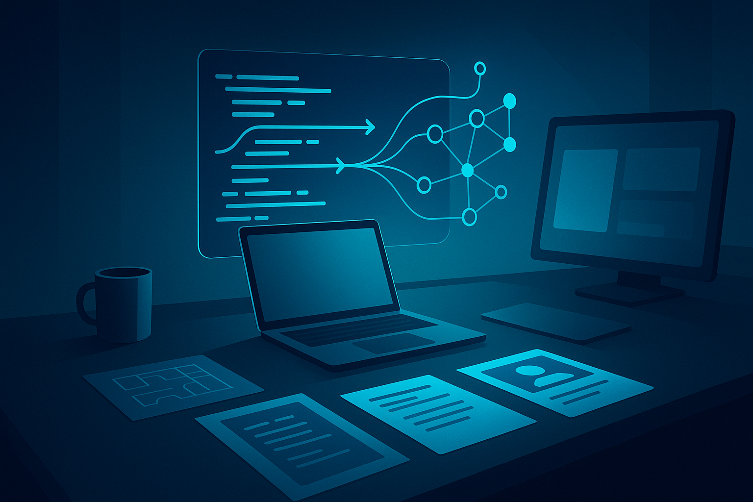 Neon-lit workspace illustration, representing future trends in digital assistants