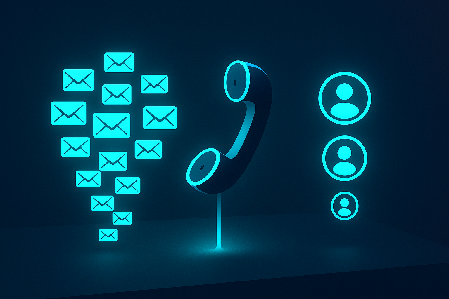 Flat illustration of a tech workspace with glowing email envelopes, cyan rotary phone, and social icons.