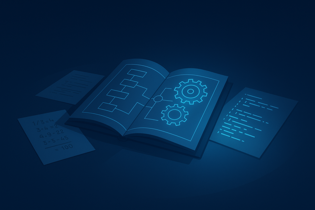 Flat illustration of a workspace with blueprints, gears, calculations, and glowing digital code.