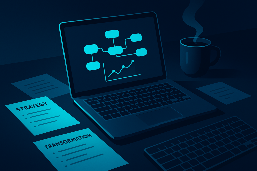 Flat-illustration of a workspace with digital notes, charts, coffee, and keyboard under neon glow.
