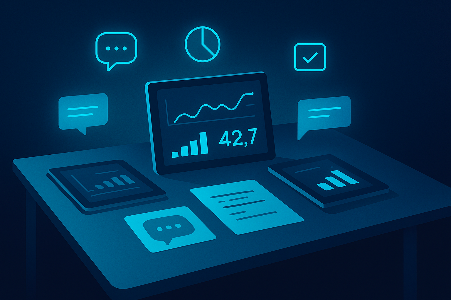 Flat-illustration of a workspace with digital tablets, notes, and icons for customer feedback monitoring.