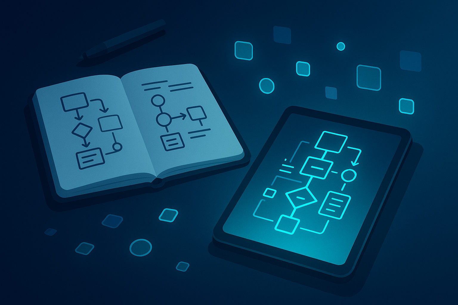 Flat illustration of a workspace with flowcharts, a digital tablet, and geometric data shapes on dark blue background.