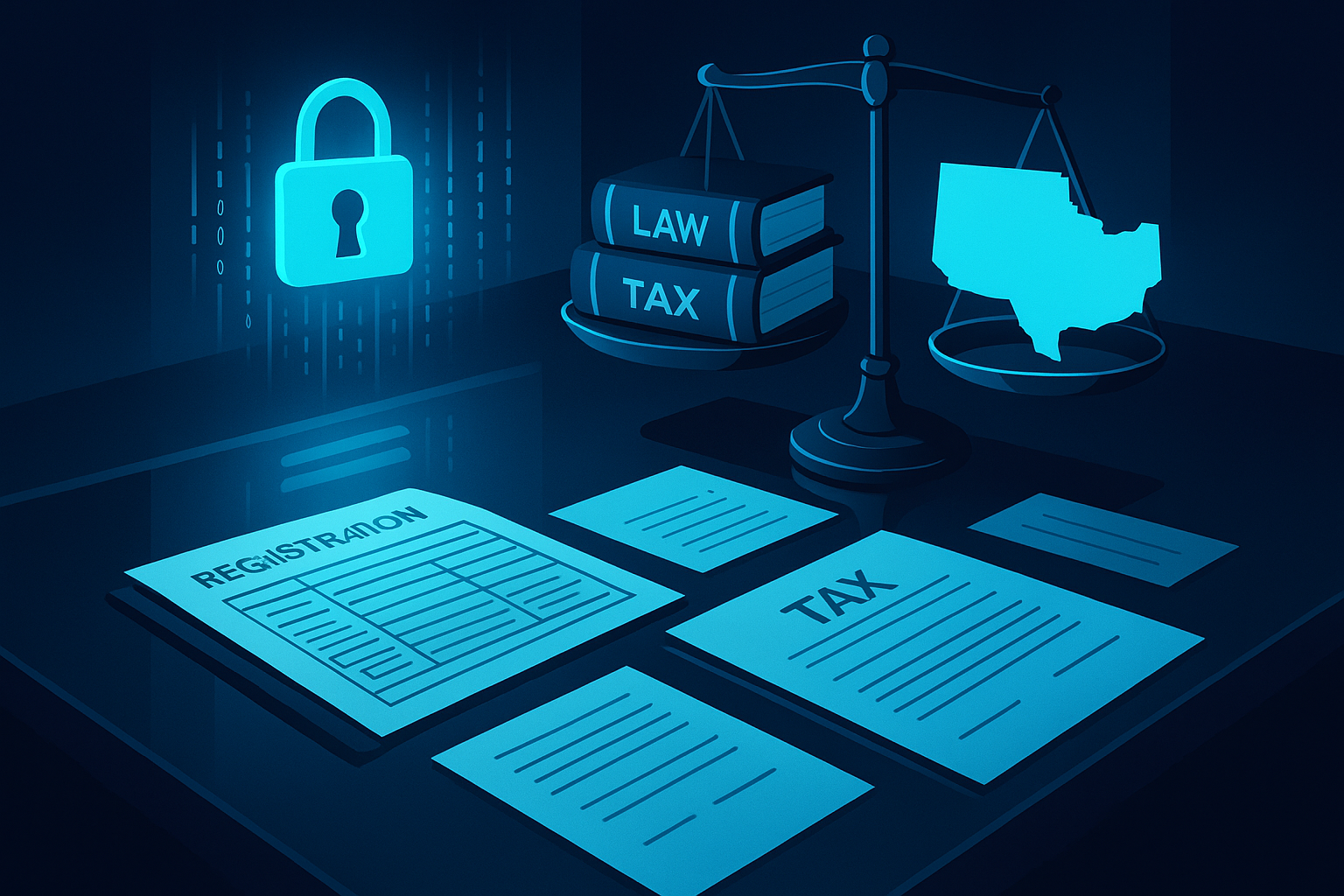 Flat-illustration of a workspace with ledger, documents, holographic lock, and legal books.