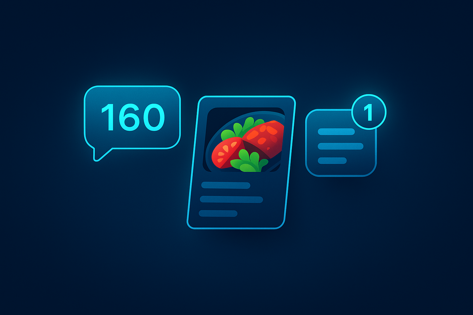 Flat illustration of digital restaurant messaging icons with neon cyan glow on dark blue background.