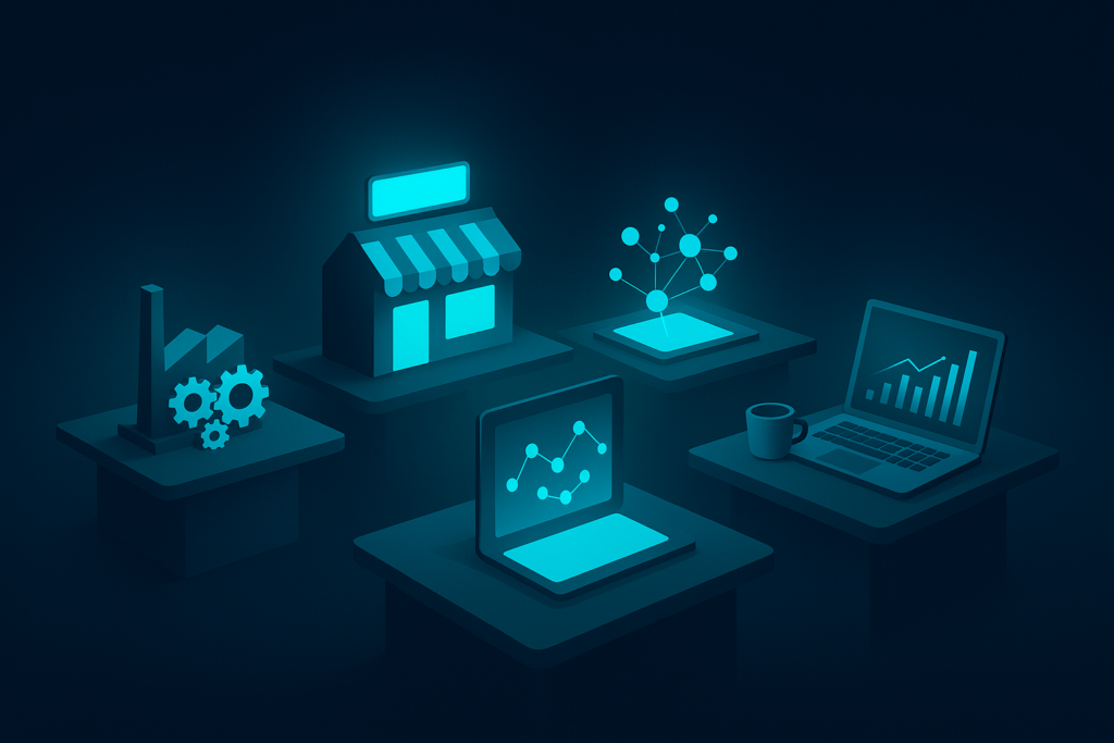 Flat illustration of four illuminated SME desks with symbolic industry elements in neon blue tones.