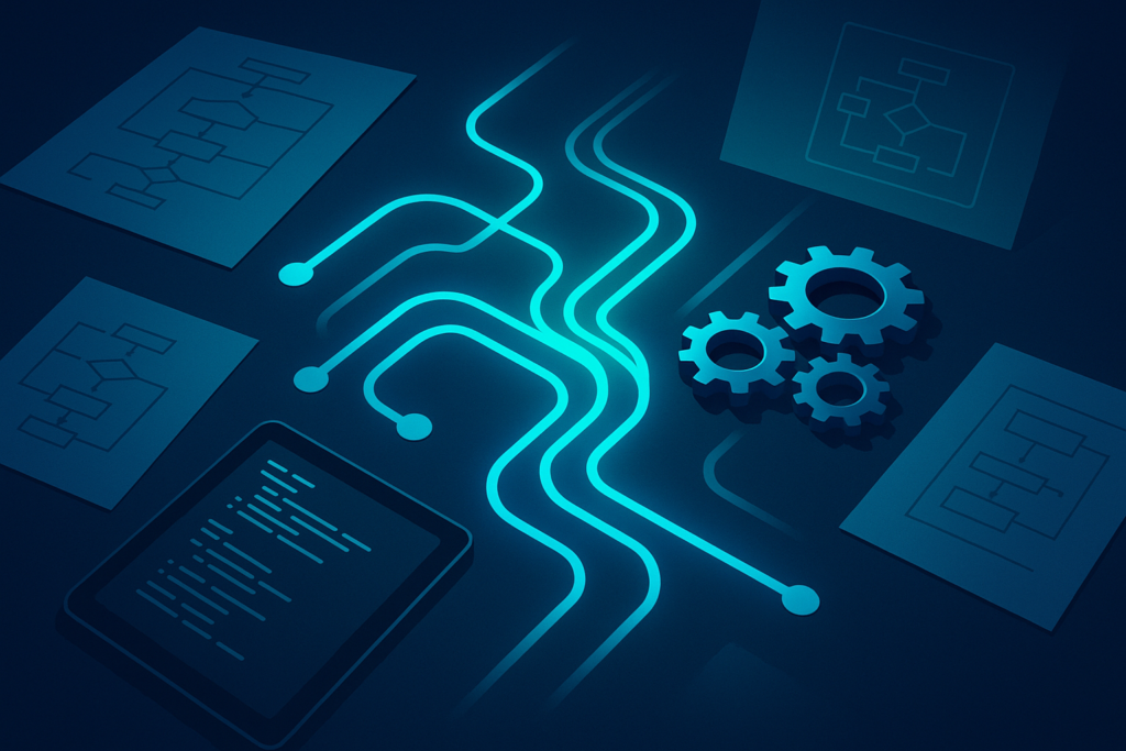 Flat illustration of glowing circuit pathways, gears, flowcharts, and a digital tablet on a dark workspace.