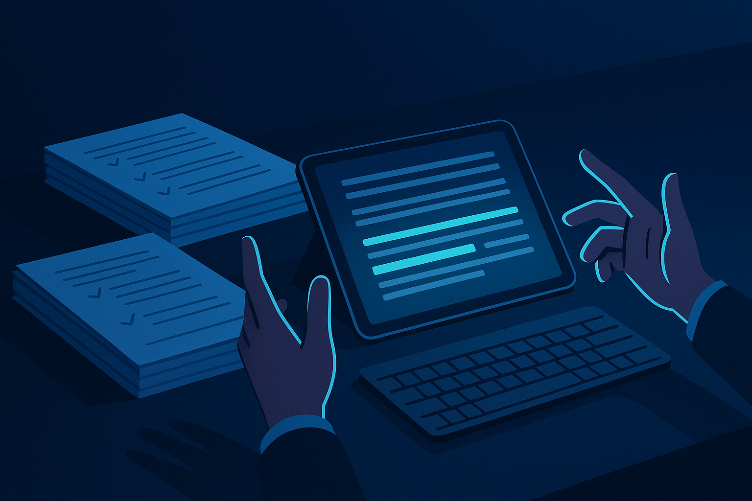 Flat illustration of hands gesturing over a digital tablet with notes, in a neon-lit tech workspace.