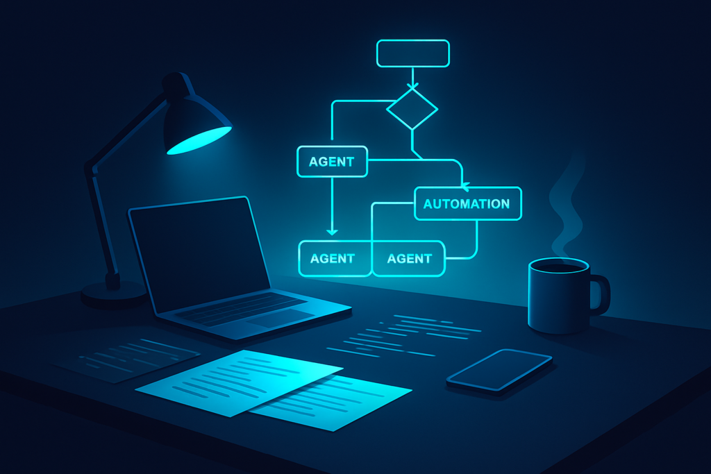 Flat tech workspace with code, flowcharts, holographic interface, gadgets, and coffee in neon blue.