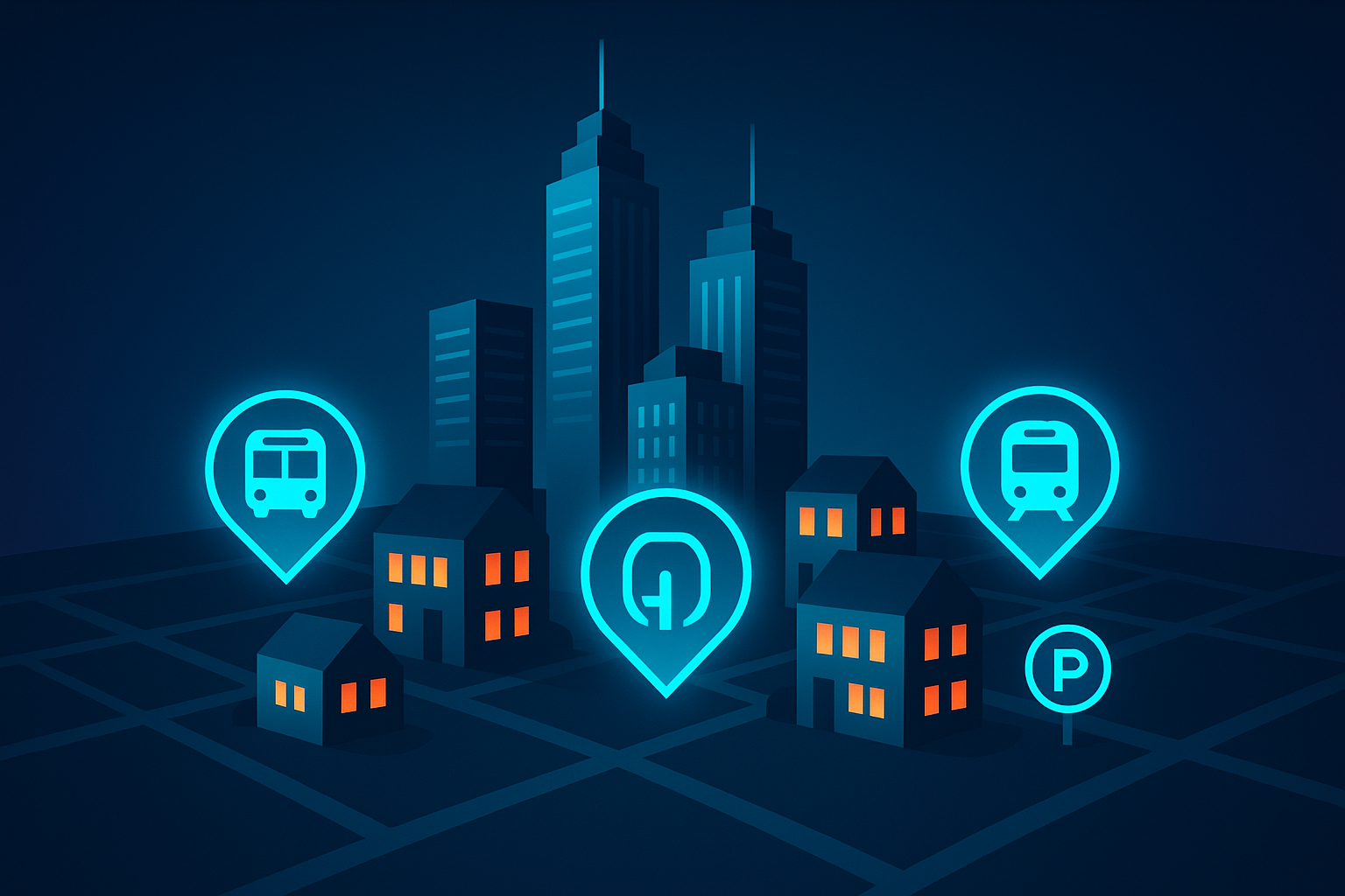 Flat urban map with neon highlights of landmarks, transit icons, and accessibility symbols.