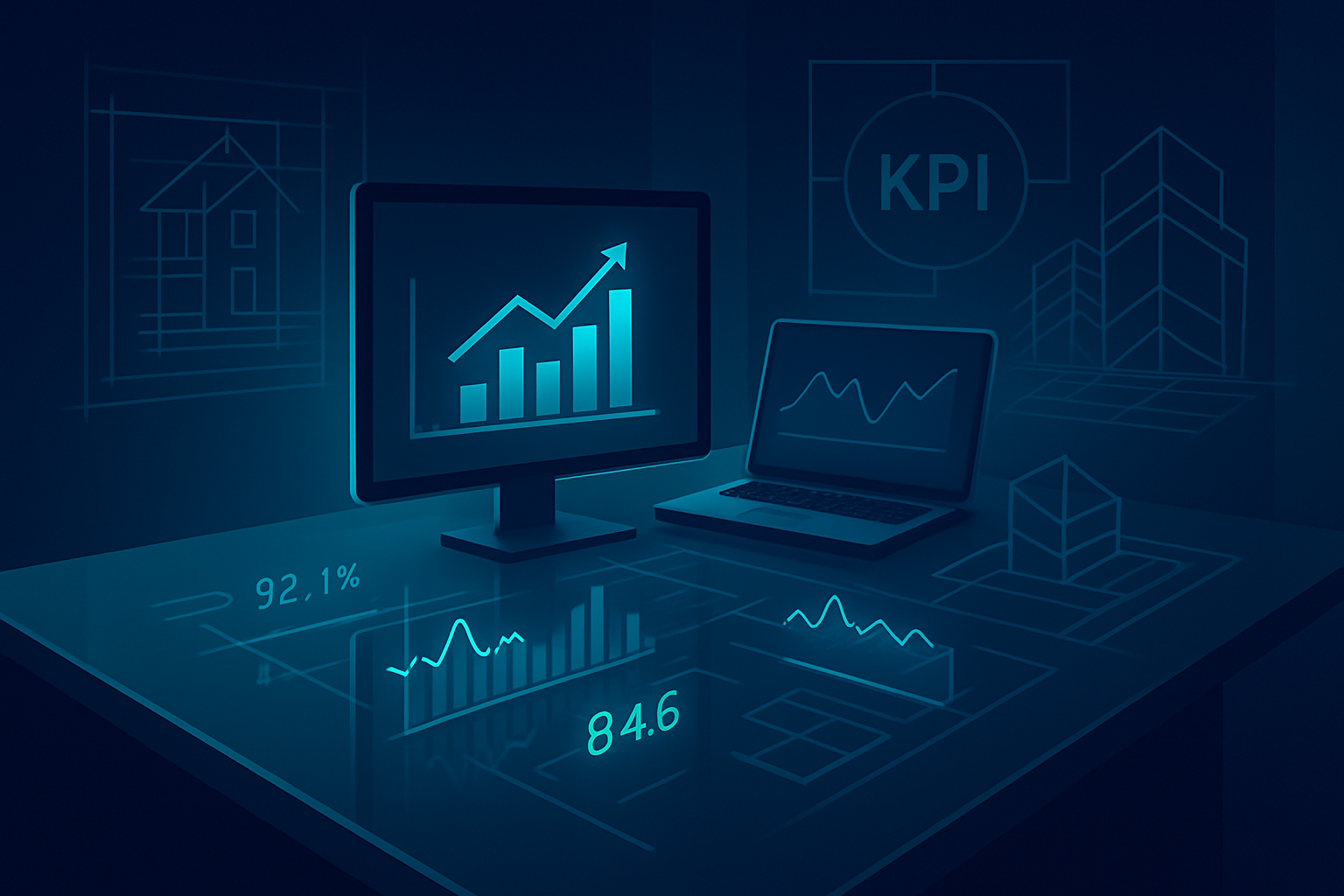 Flat workspace with holographic charts, data streams, and digital blueprints in neon-lit dark tech setting.