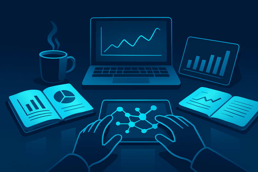 Flat workspace with notebooks, coffee, digital devices, and hands gesturing over holographic network.