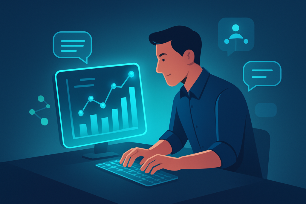 Focused business professional analyzing holographic data with digital icons and speech bubbles.