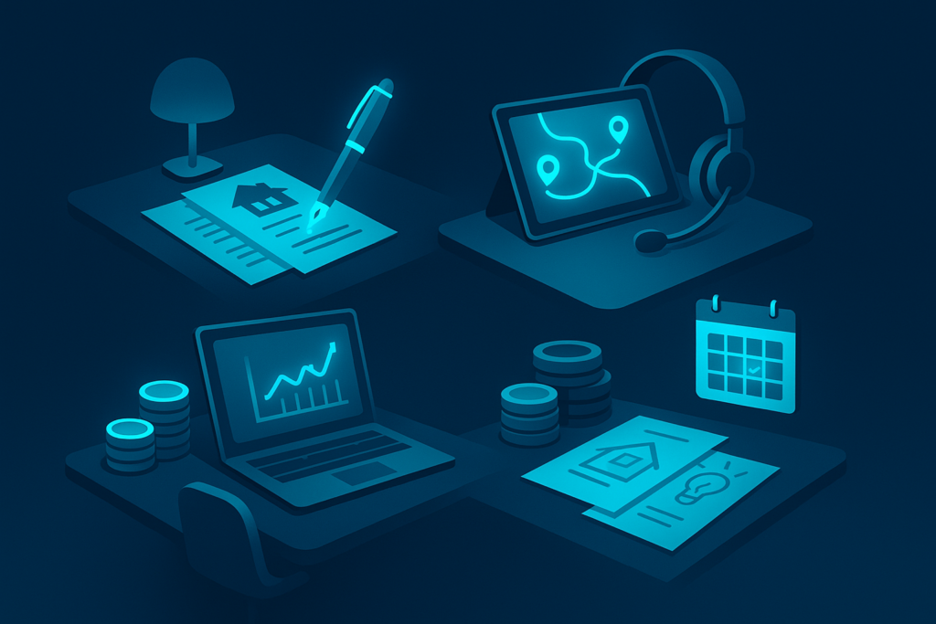 Four illuminated workspaces for real estate, travel, finance, and creative projects on dark gradient background.