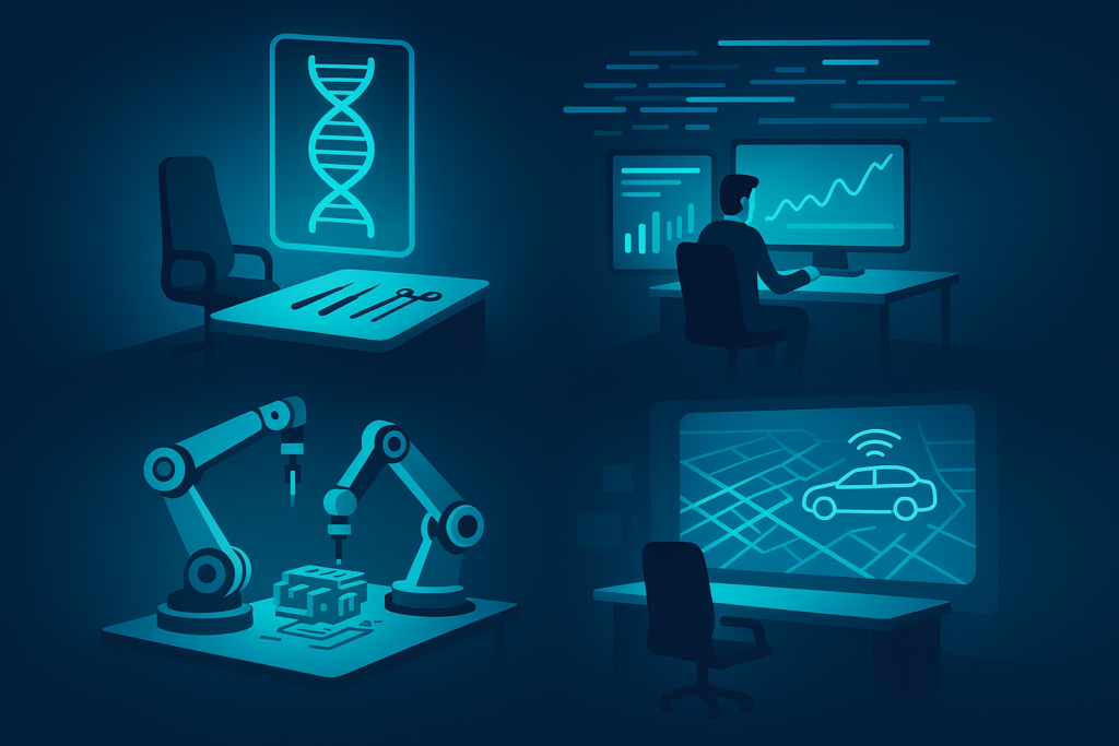 Four interconnected futuristic workspaces with holograms, data streams, robots, and city maps.