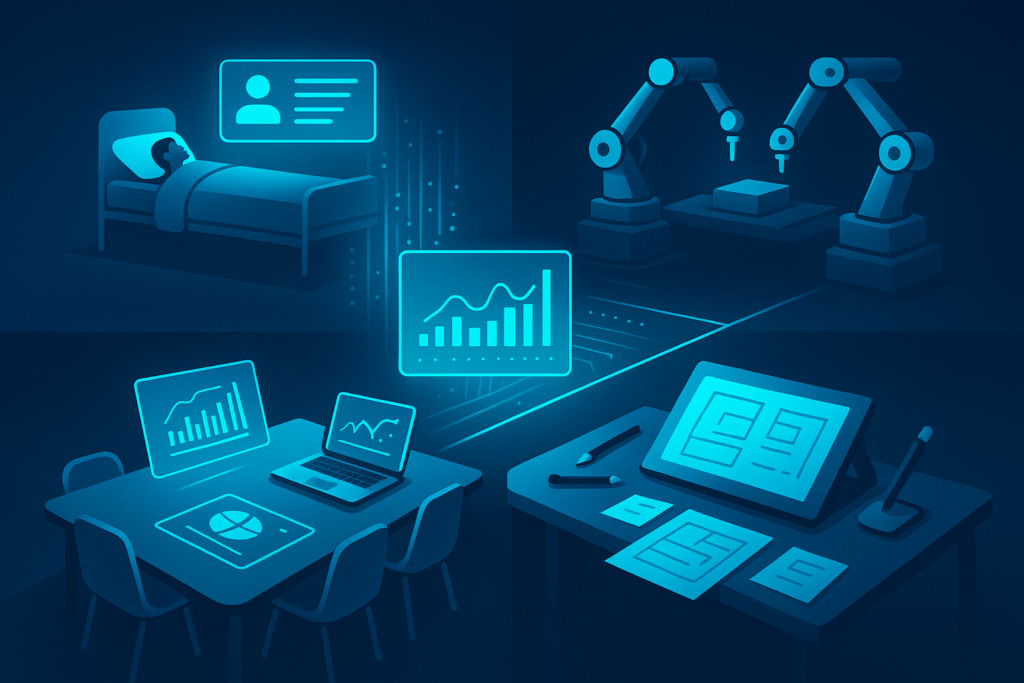 Four interconnected workspaces with digital data, holograms, and robotic arms in a neon-lit scene.