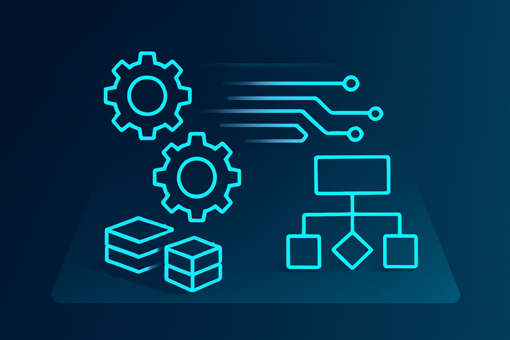 Futuristic blueprint with geometric gears, circuit lines, data blocks, and flowcharts on dark gradient background.