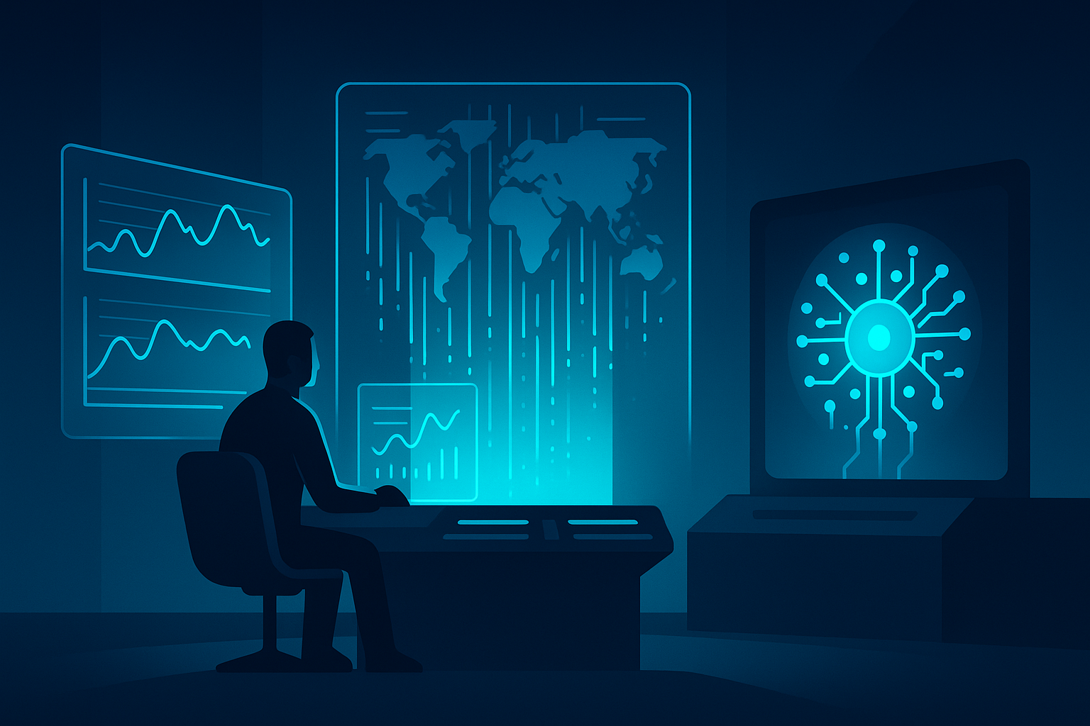 Futuristic control room with holographic data, human silhouette, and glowing AI core.