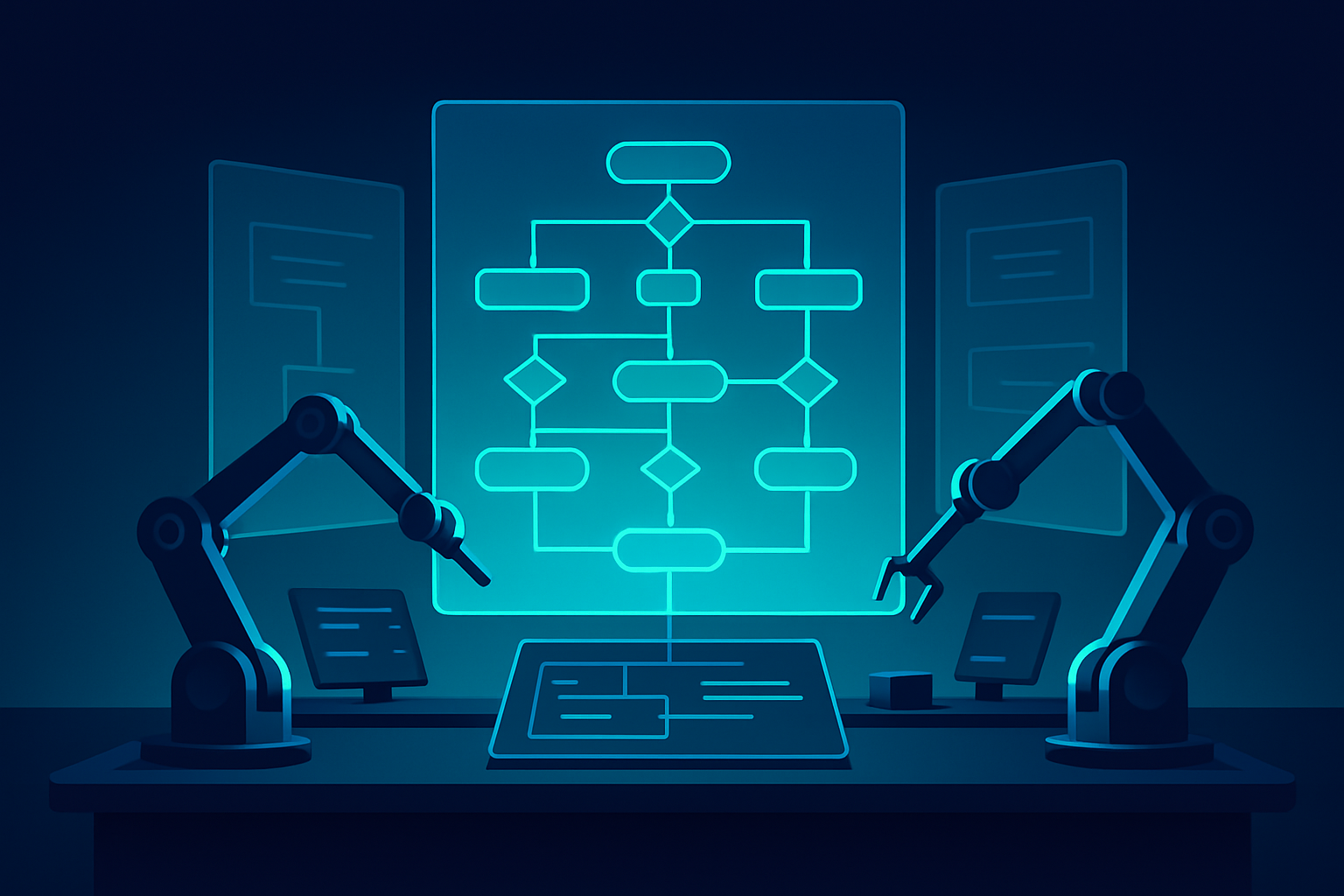 Futuristic control room with holographic flowchart