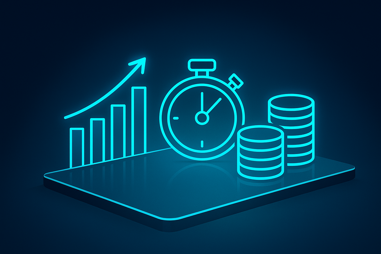 Futuristic digital scene with glowing graphs, stopwatch, and coins on a glass surface.