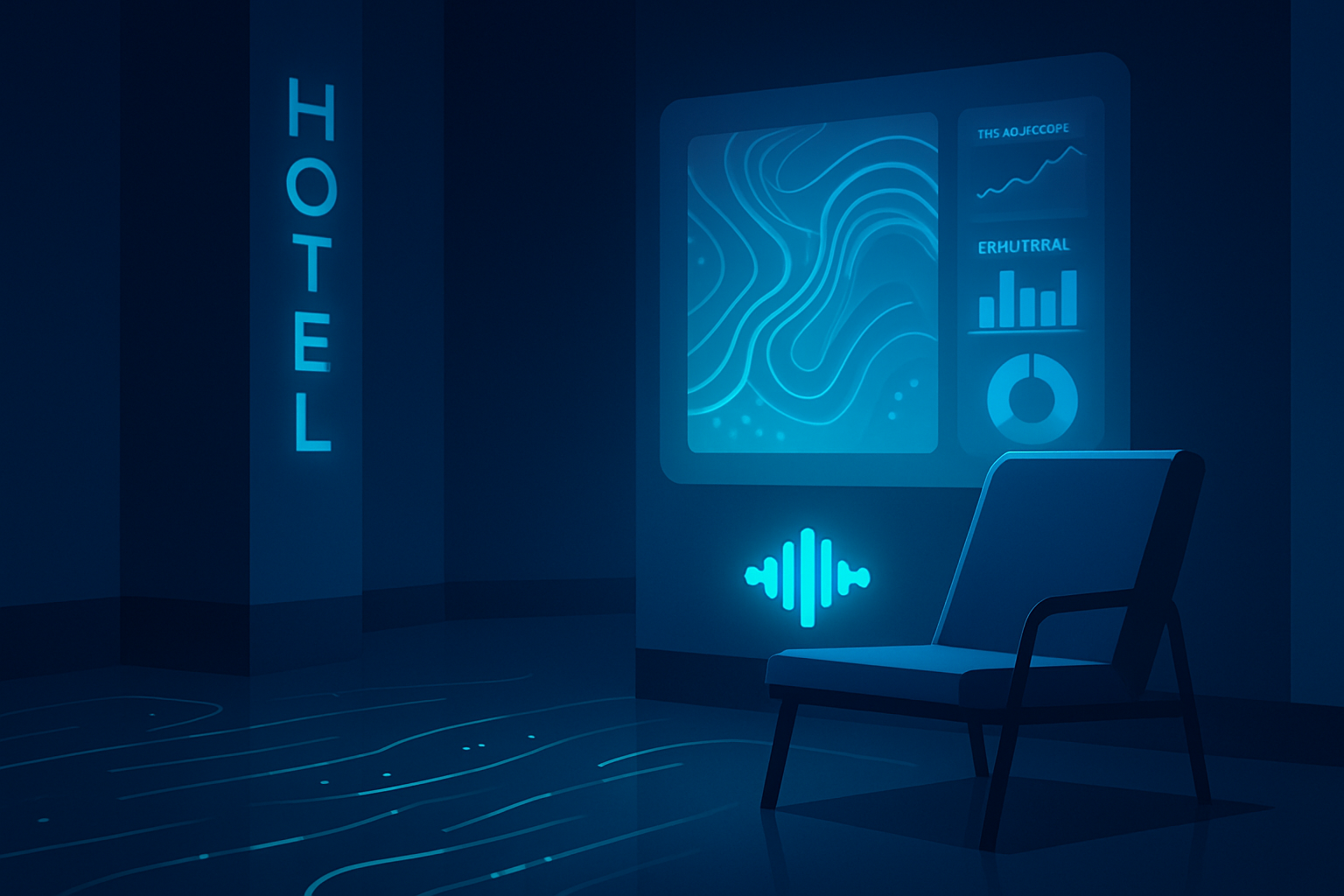 Futuristic hotel lobby corner with holographic interface, glowing data streams, and lounge chair.