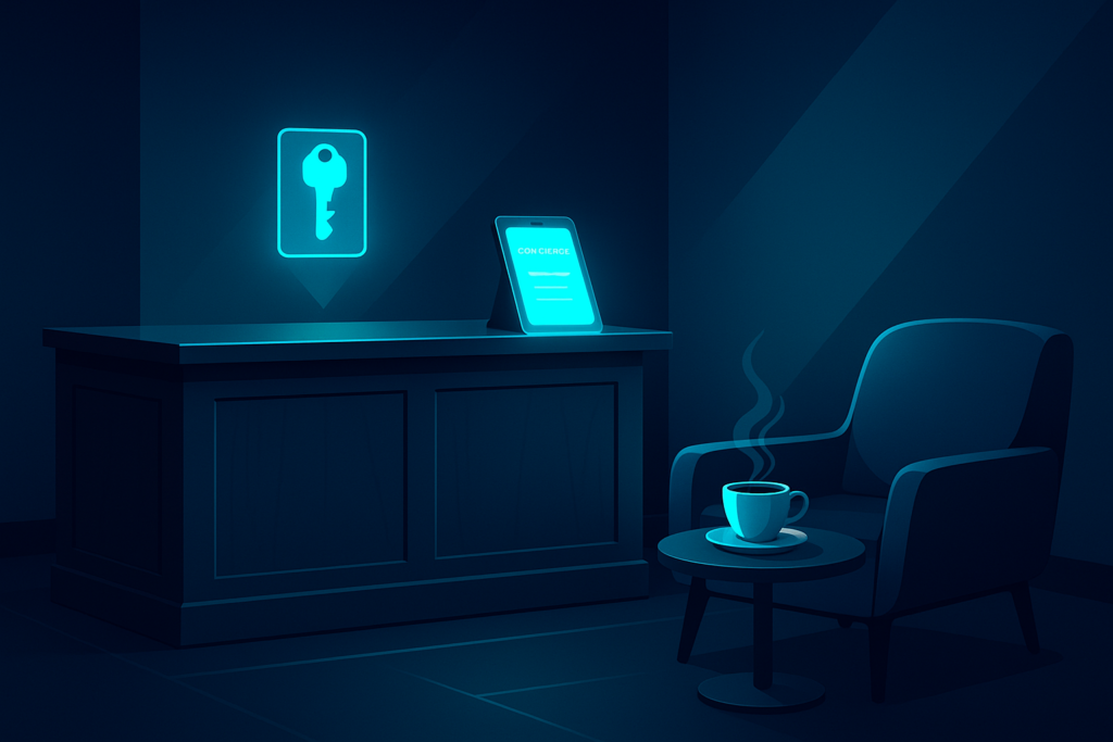 Futuristic hotel lobby corner with holographic key, digital tablet, lounge chair, and steaming tea.
