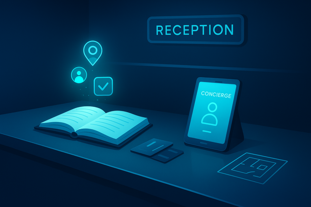 Futuristic hotel lobby with digital concierge, holographic check-in icons, and sleek keycards.