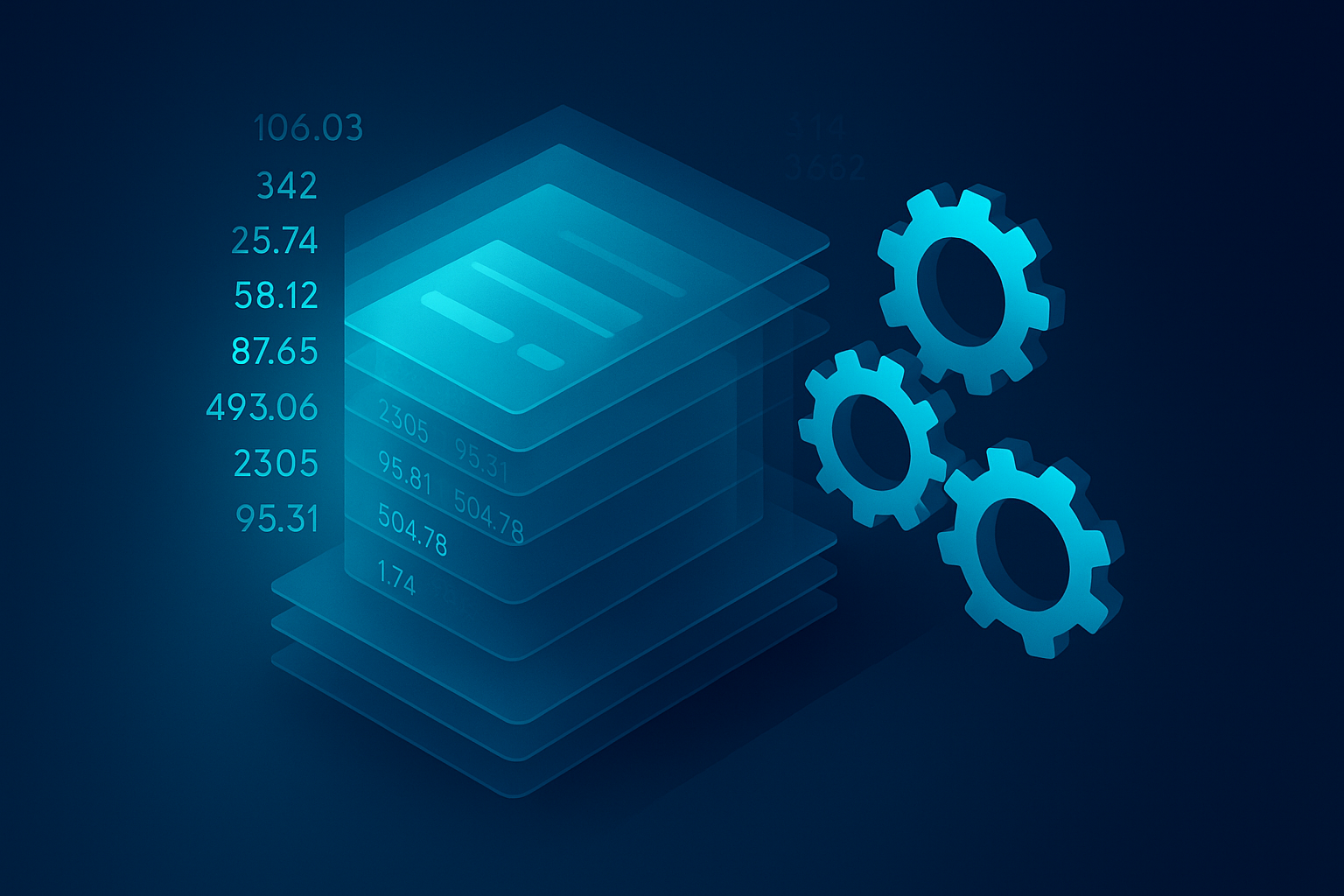 Futuristic recruitment scene with stacked data sheets, gears, and glowing digital overlays.