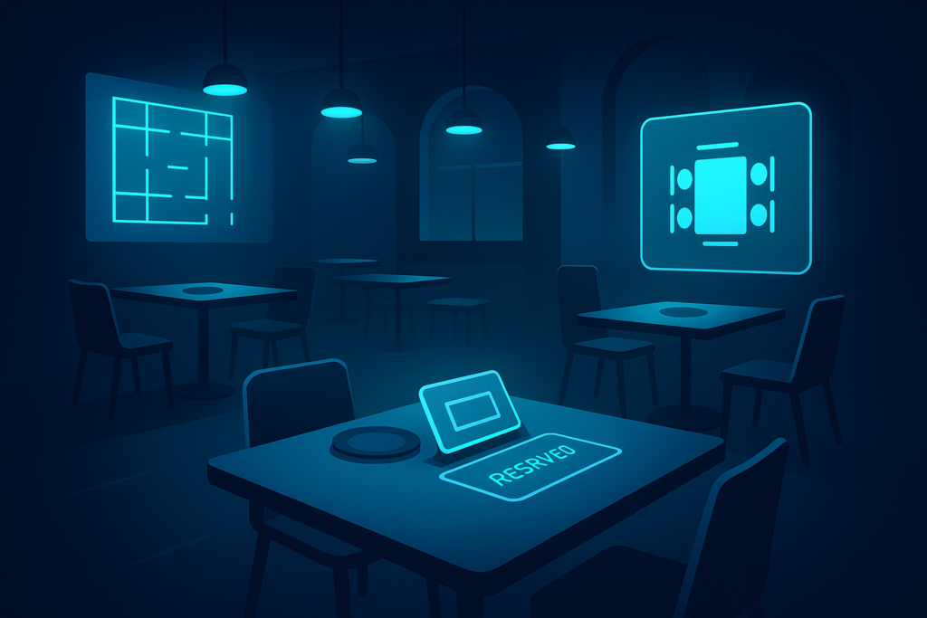 Futuristic restaurant interior with neon-lit tables, holographic seating plans, and digital displays.