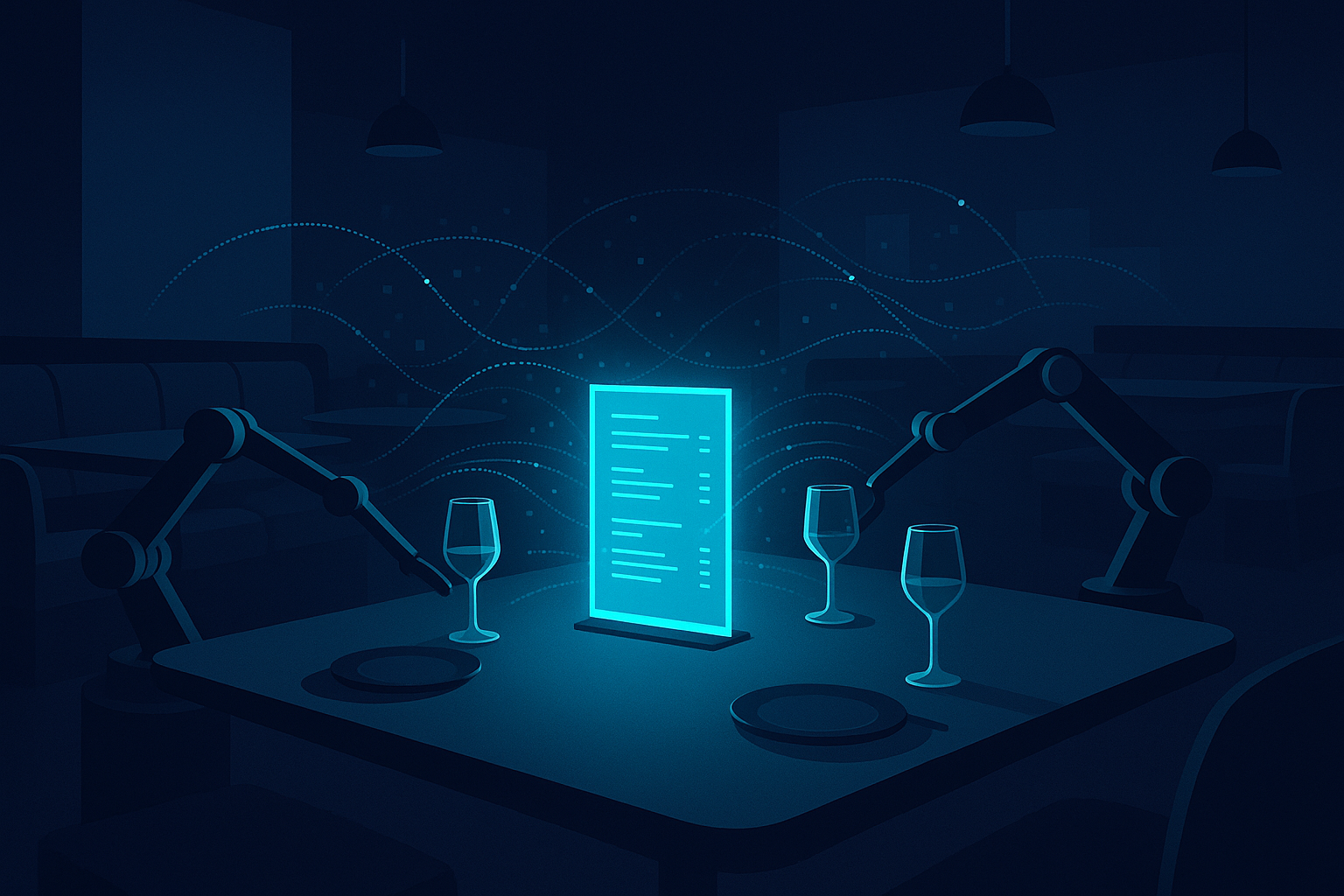 Futuristic restaurant lounge with holographic menus, robotic servers, and digital data streams.