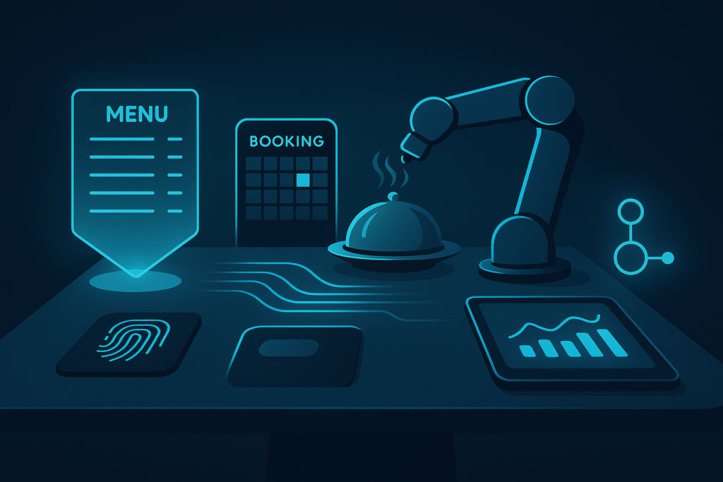 Futuristic restaurant table with holographic menu, digital calendar, robotic arm, data streams, analytics tablet, biometric scanner, and network node.