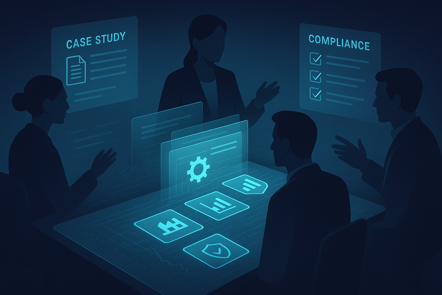 Futuristic workspace with data sheets, industry icons, holograms, and diverse professionals discussing.