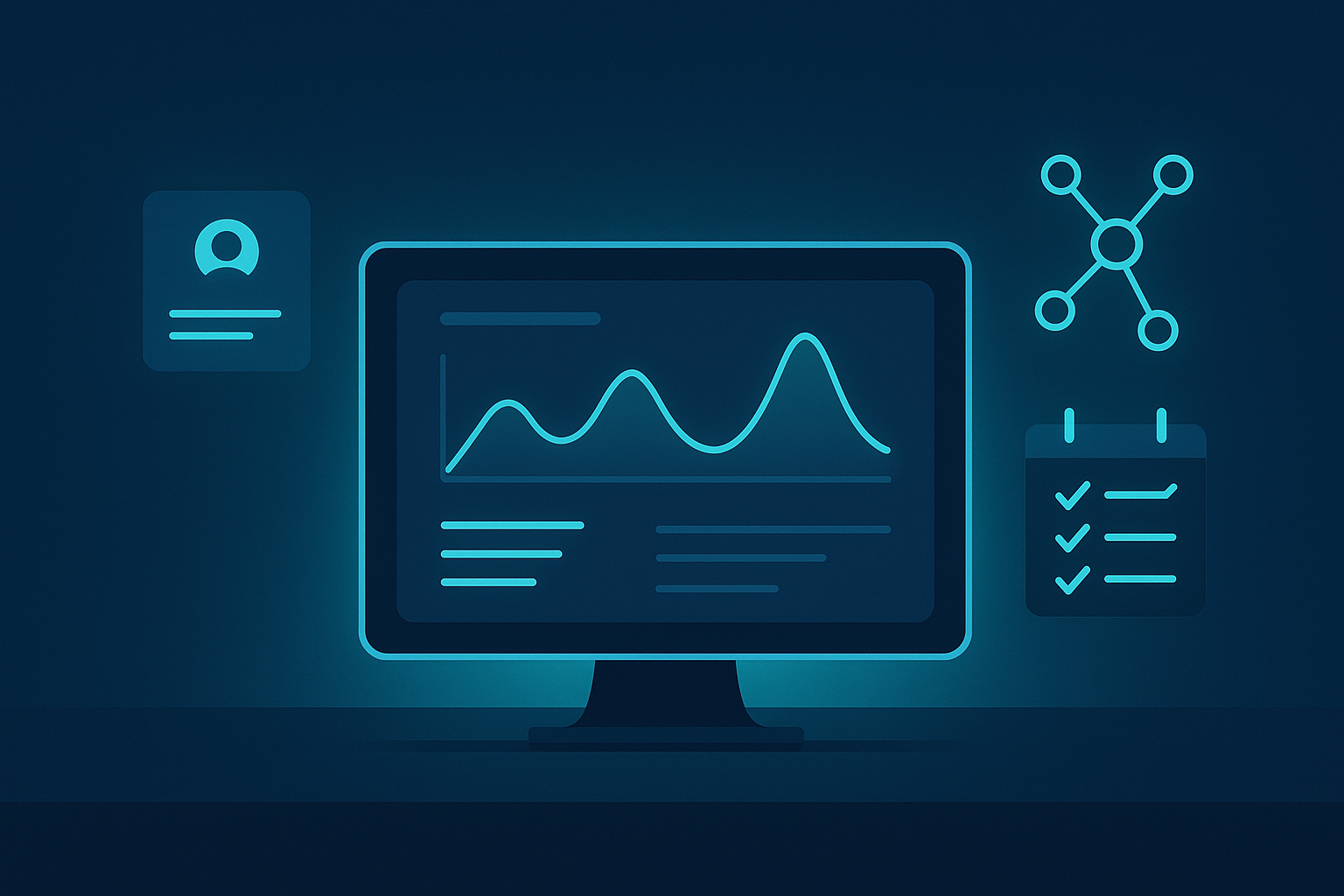 Futuristic workspace with digital dashboard, holographic profile, interconnected nodes, and digital calendar.