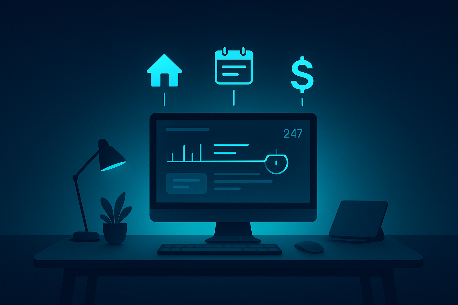Futuristic workspace with digital interface icons