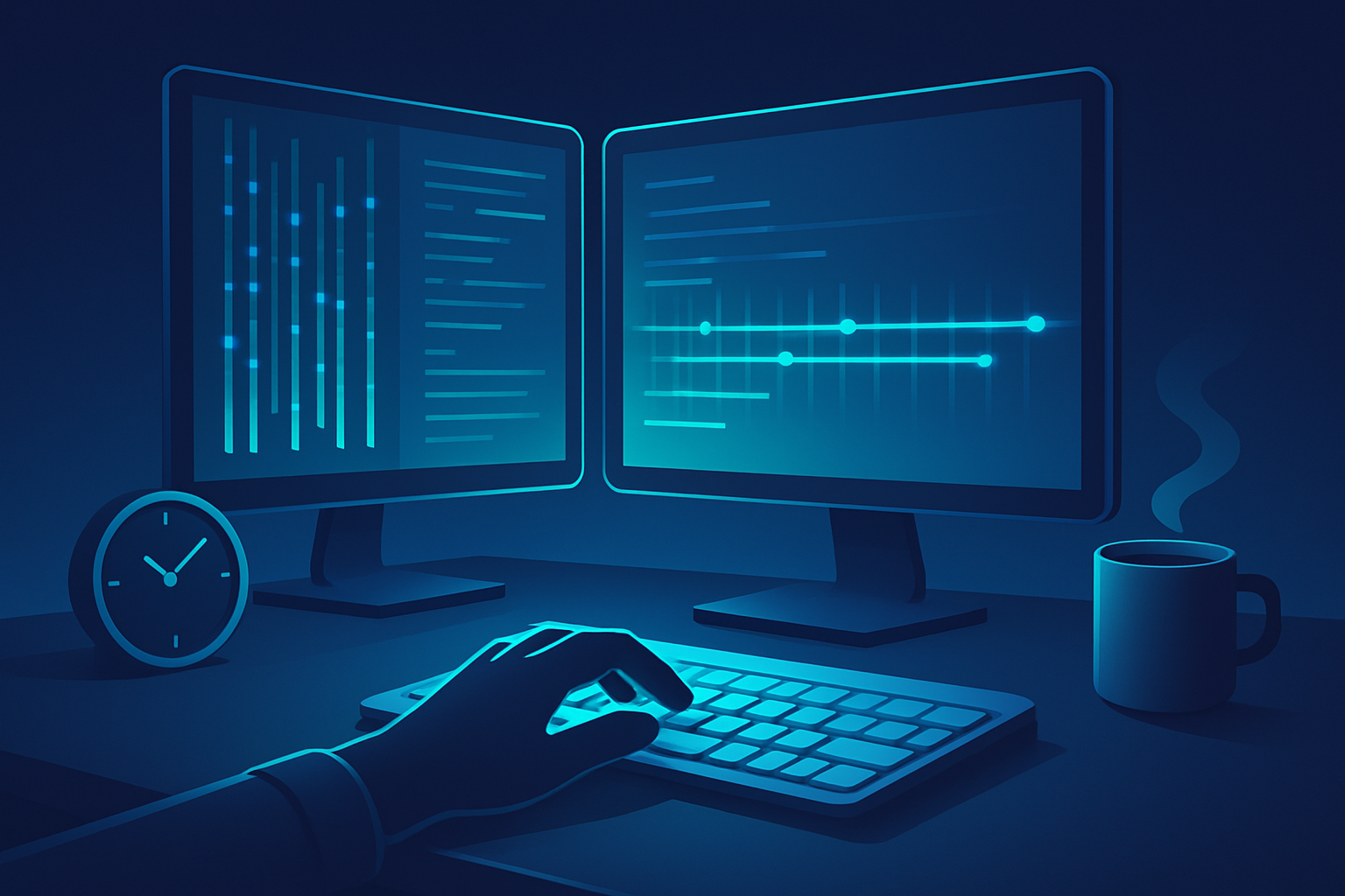 Futuristic workspace with dual monitors, person typing, neon accents, and sleek office tools.