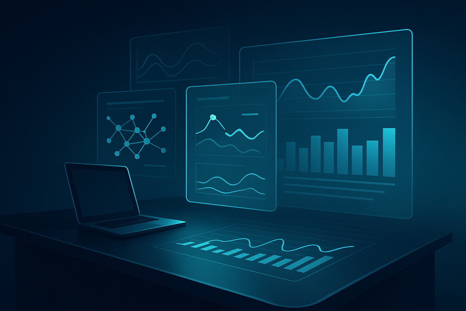 Futuristic workspace with floating data charts, graphs, and interconnected nodes on dark desk.