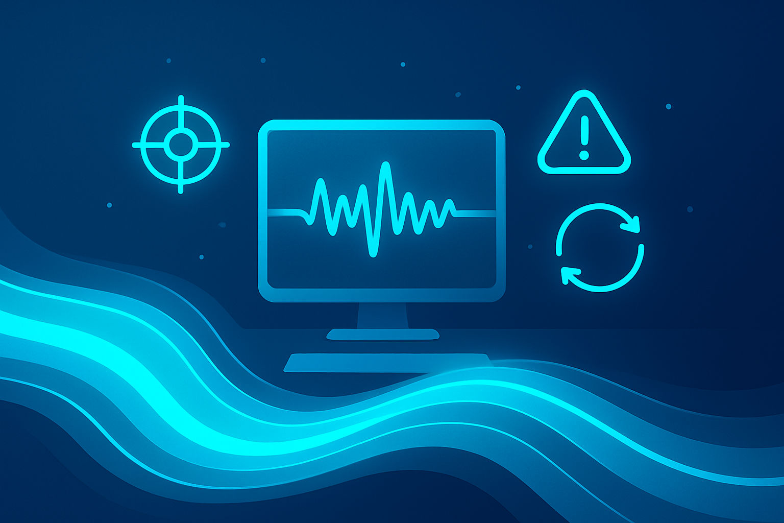 Futuristic workspace with flowing cyan data streams, holographic symbols, and glowing digital console.