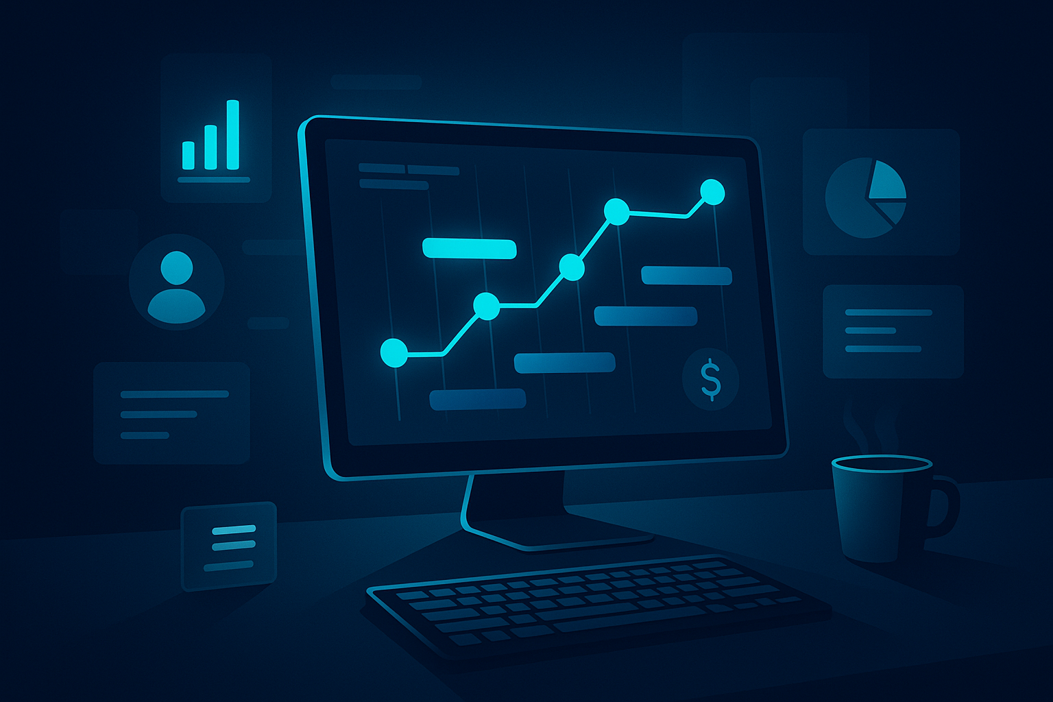 Futuristic workspace with glowing nodes, holographic charts, and resource icons in neon blue tones.