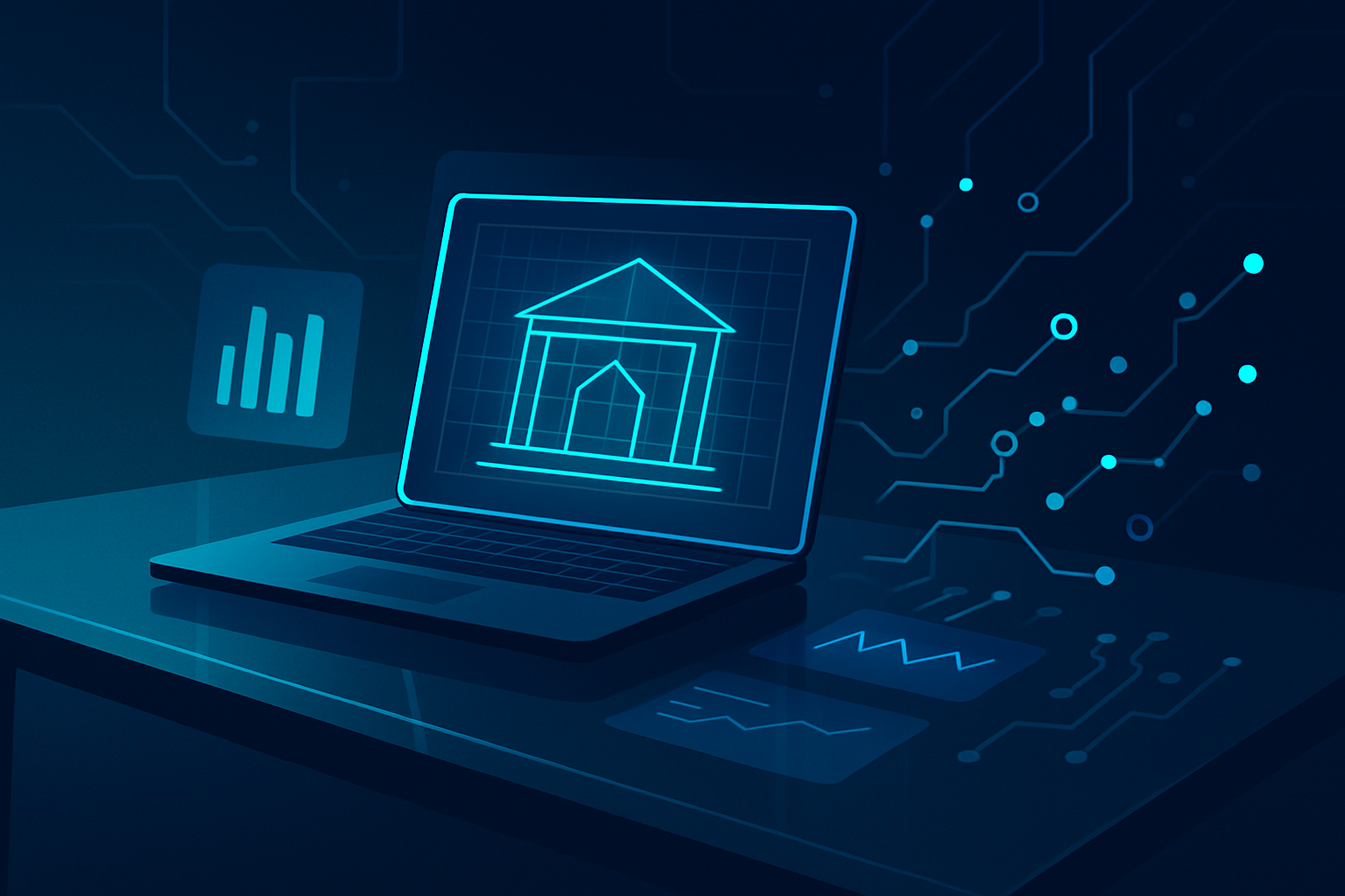 Futuristic workspace with hologram blueprint data representing technology in business services