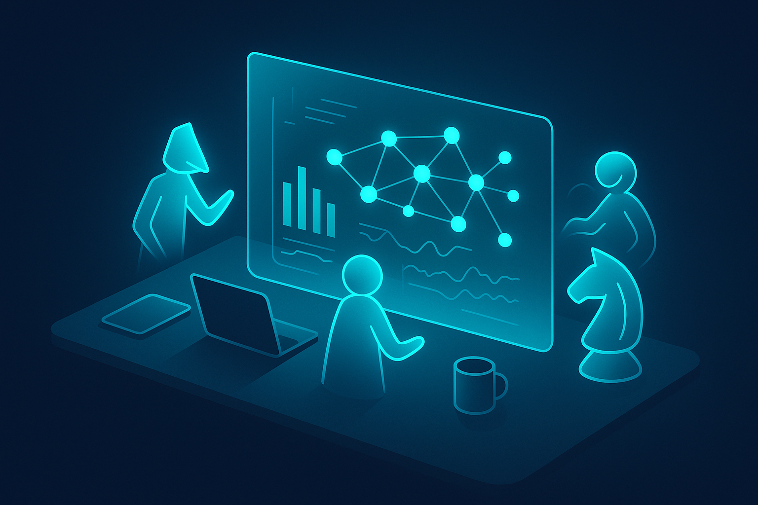 Futuristic workspace with holographic data interface and glowing digital agents in dark blue tones.