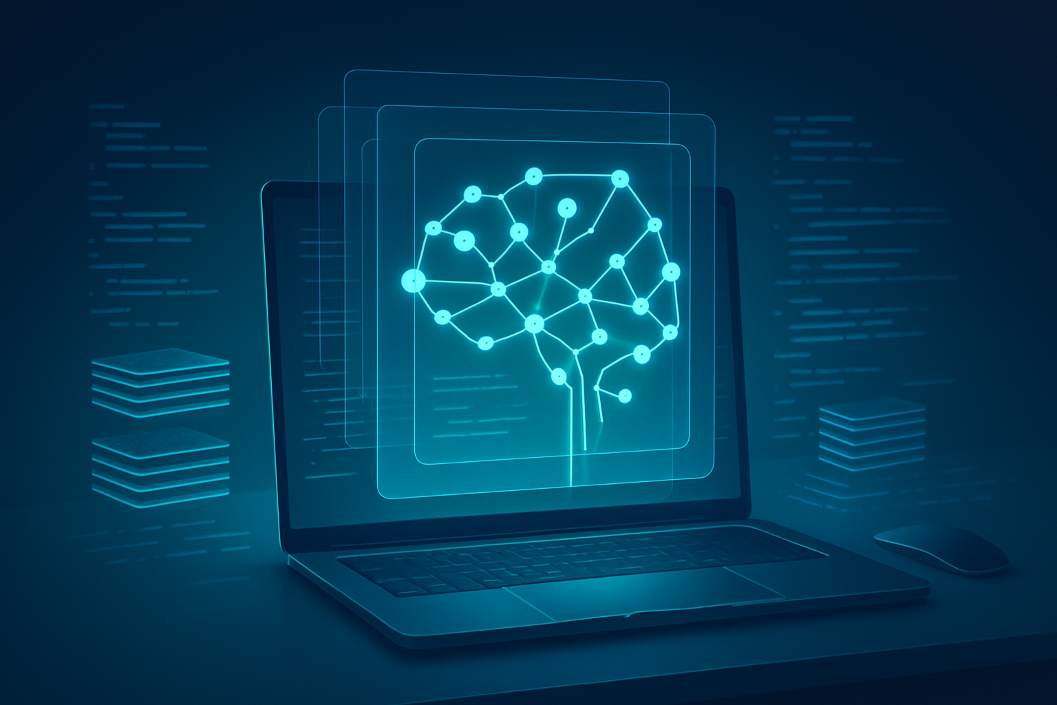 Futuristic workspace with holographic data streams and glowing neural network nodes.
