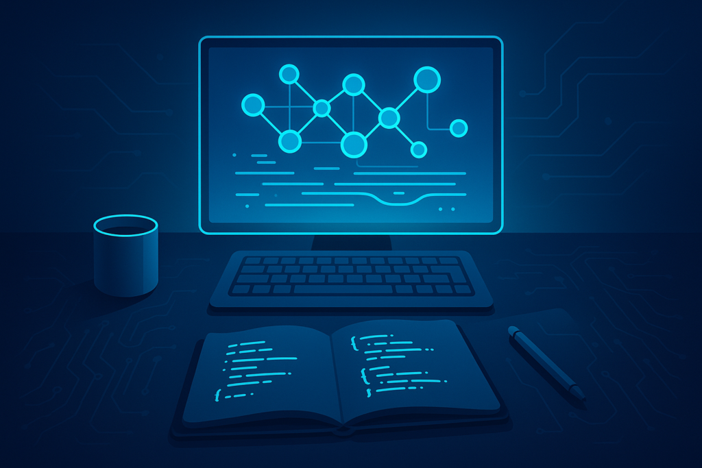Futuristic workspace with holographic digital nodes, data streams, keyboard, notebook, and AI circuit patterns.