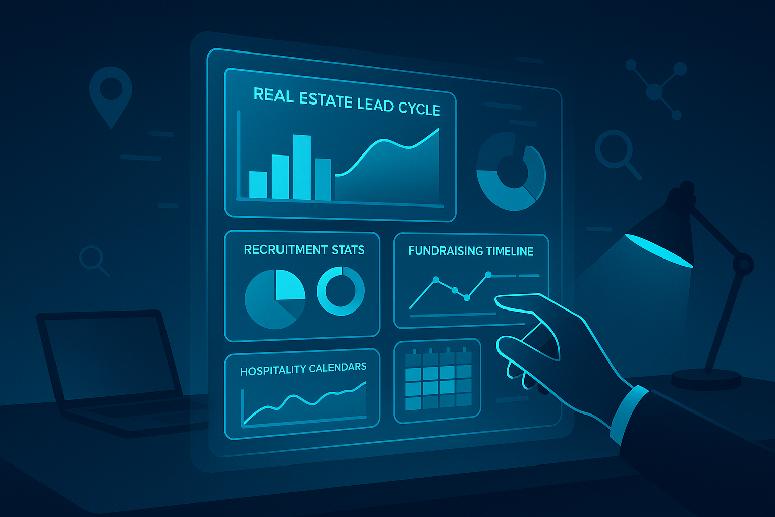 Hand interacts with holographic real estate and business icons