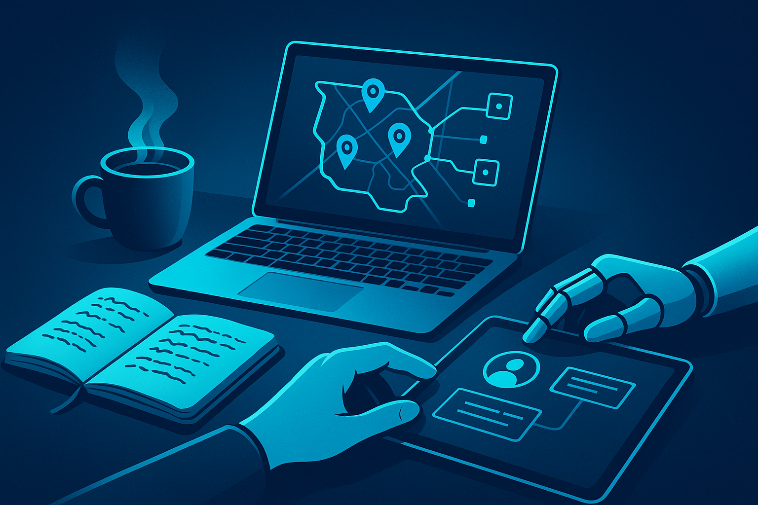 Hands, one human, one robotic, collaborate over a digital tablet in a neon-lit workspace.