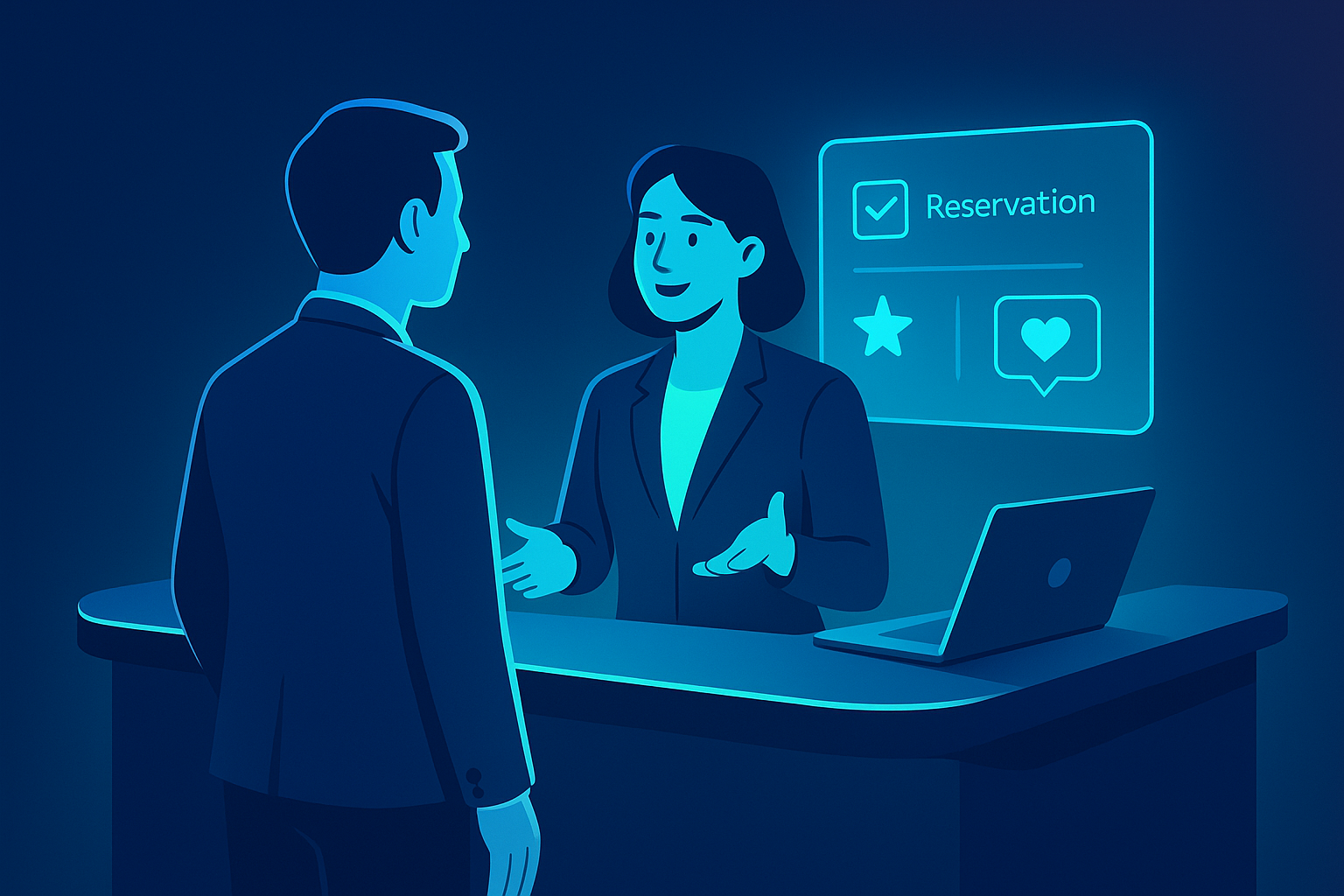 Hospitality professional engaging guest with holographic reservation interface in sleek neon-lit setting.