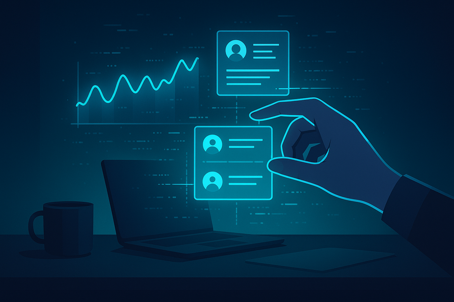 Human hand adjusting glowing holographic data streams with digital code and market icons in a dark, neon-lit workspace.