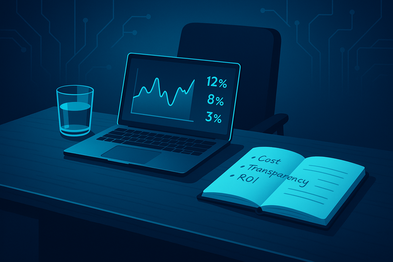 Minimalist executive workspace with glowing digital ledger, notebook, glass, and tech background.