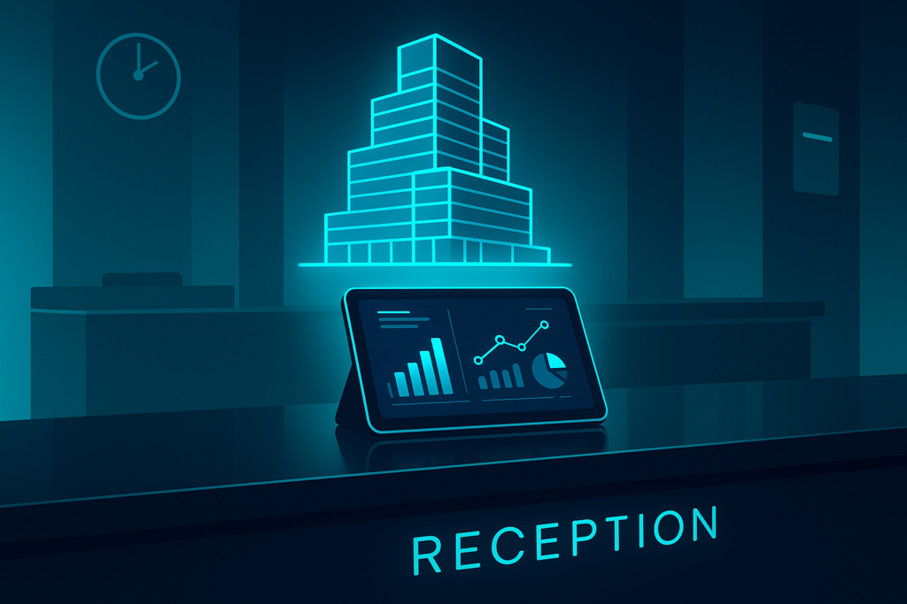 Minimalist hotel reception with holographic building and digital tablet displaying charts.