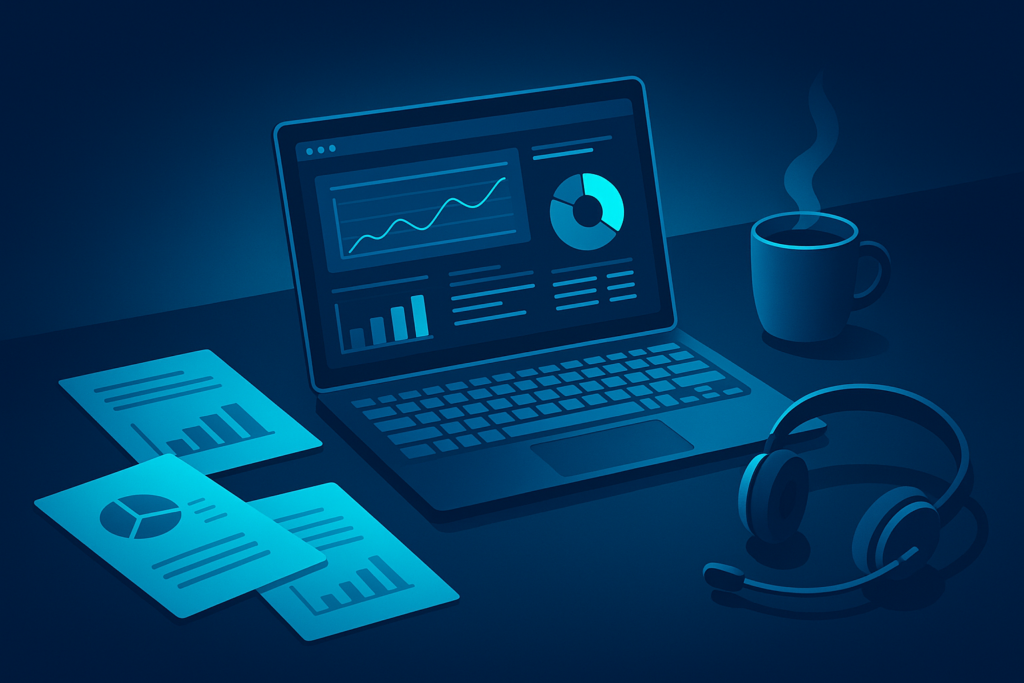 Minimalist workspace with digital dashboard, reports, coffee, and headset in neon glow.