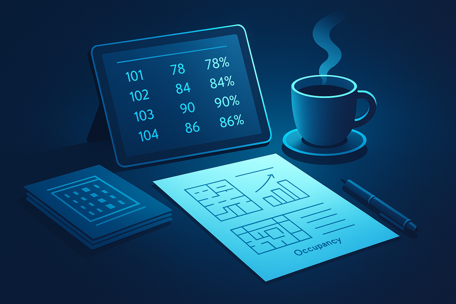 Minimalist workspace with digital tablet, blueprints, coffee, and pen on occupancy analysis charts.